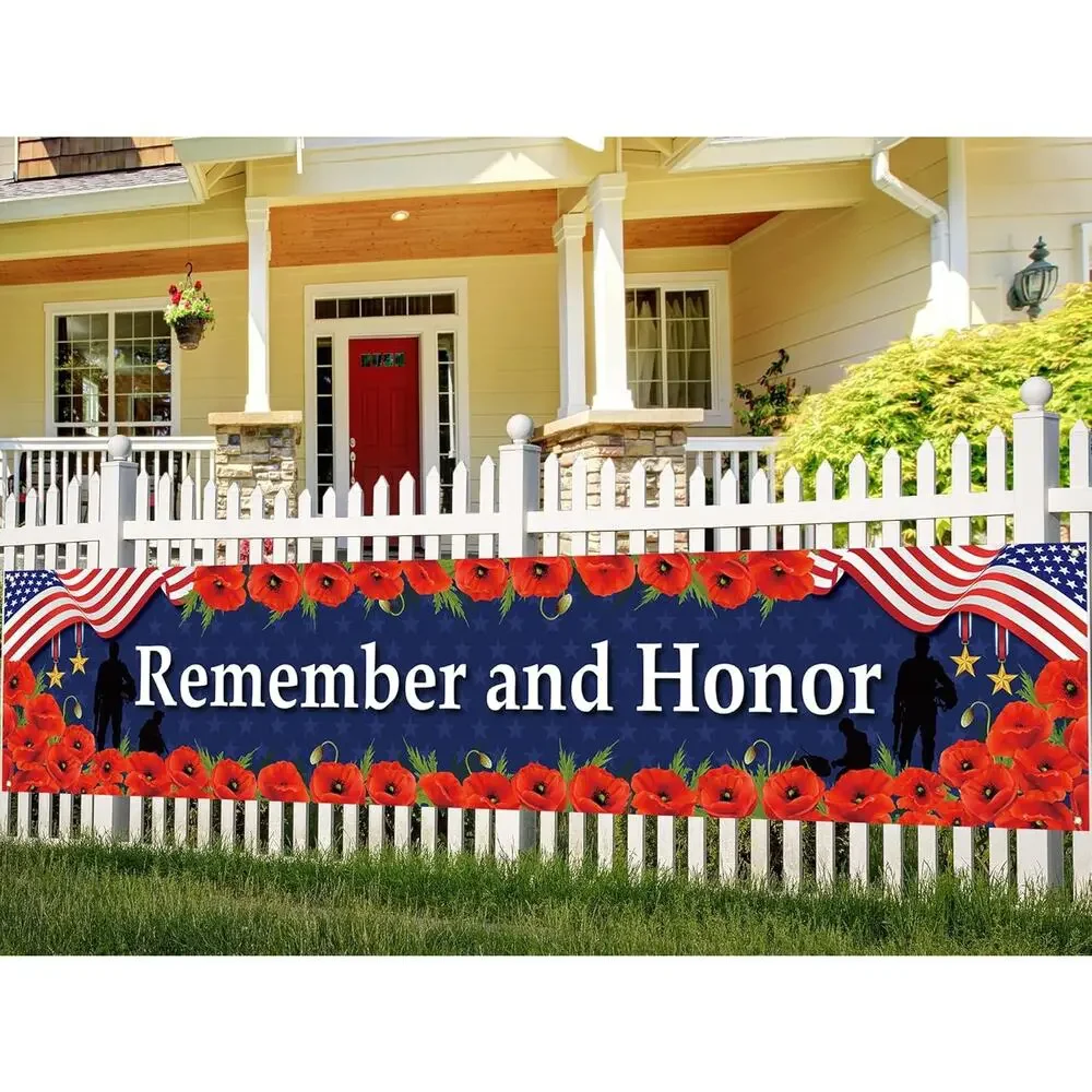 Memorial Day Fence Banner Remember Honor 4th July Patriotic Yard Decor